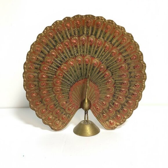 Vintage Indian Hand-Etched Red Green Enamel Brass Peacock Figurine 8" - Picture 2 of 12